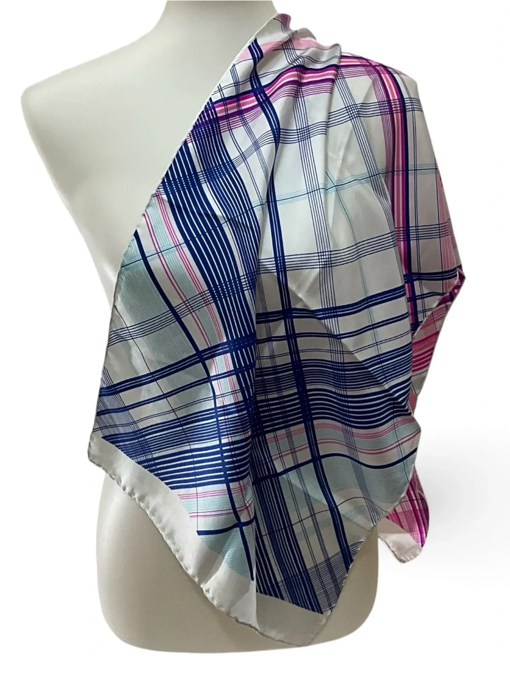 Echo Pink Navy White Plaid Oblong Scarf Fringe Preppy Classic 46” X 15”